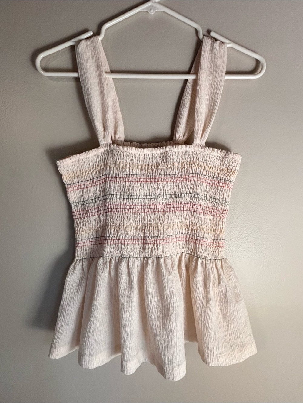 Madewell Texture & Thread Cream Smocked Peplum Tank with Rainbow Stripe Detail